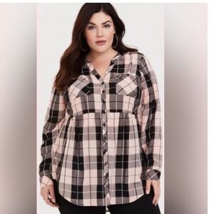 TORRID Emma Babydoll Challis button-front tunic shirt Pink Black Plaid 2X